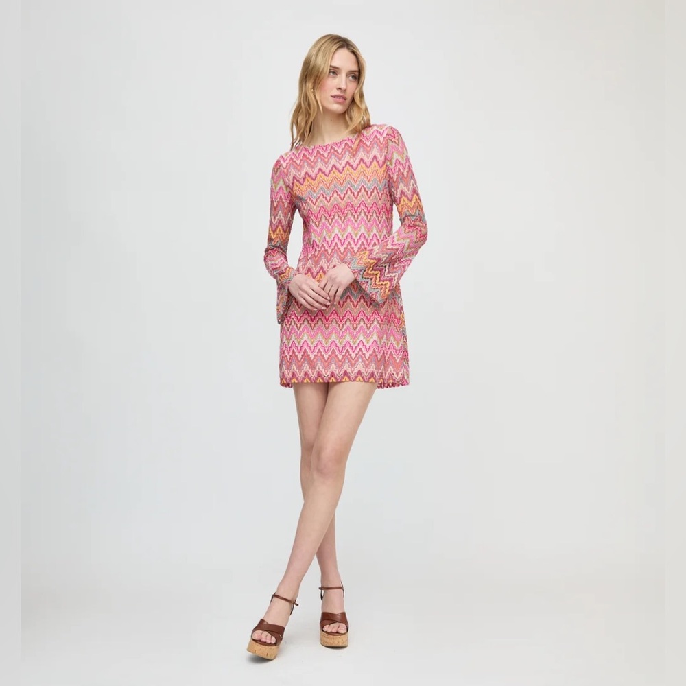 NWT Hill House Nathalie Dress Pink Sheer Shimmer Knit Open Back Bell Sleeve